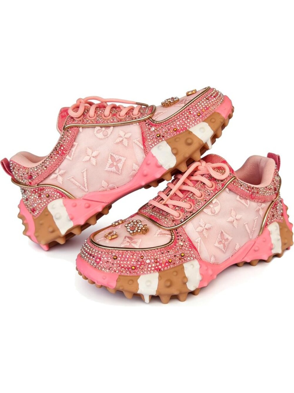 Women's Pink Fashion Bling Rhinestone Glitter Chunky Comfort Casual Sneakers - Picture 6 of 6